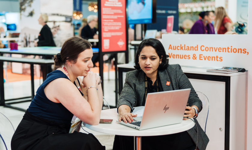 An Exhibitor and a Buyer in a meeting at MEETINGS 2025 - New Zealand's premier tradeshow for the Meetings, Incentives, Conferences, Exhibitions, MICE, Business Events industry
